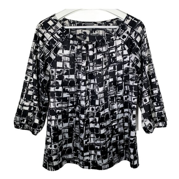Ann Taylor Women’s Medium Blouse Black White Geometric Puff Sleeve Top - Picture 1 of 10